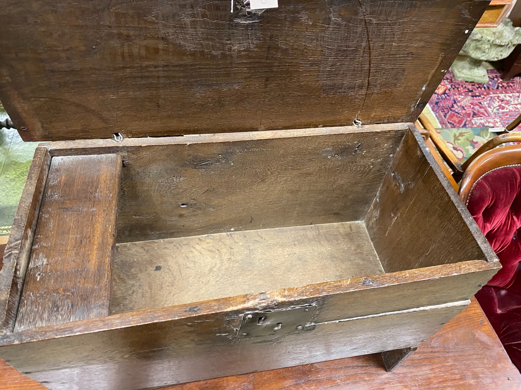 A late 17th century oak six plank coffer, length 73cm, depth 35cm, height 50cm